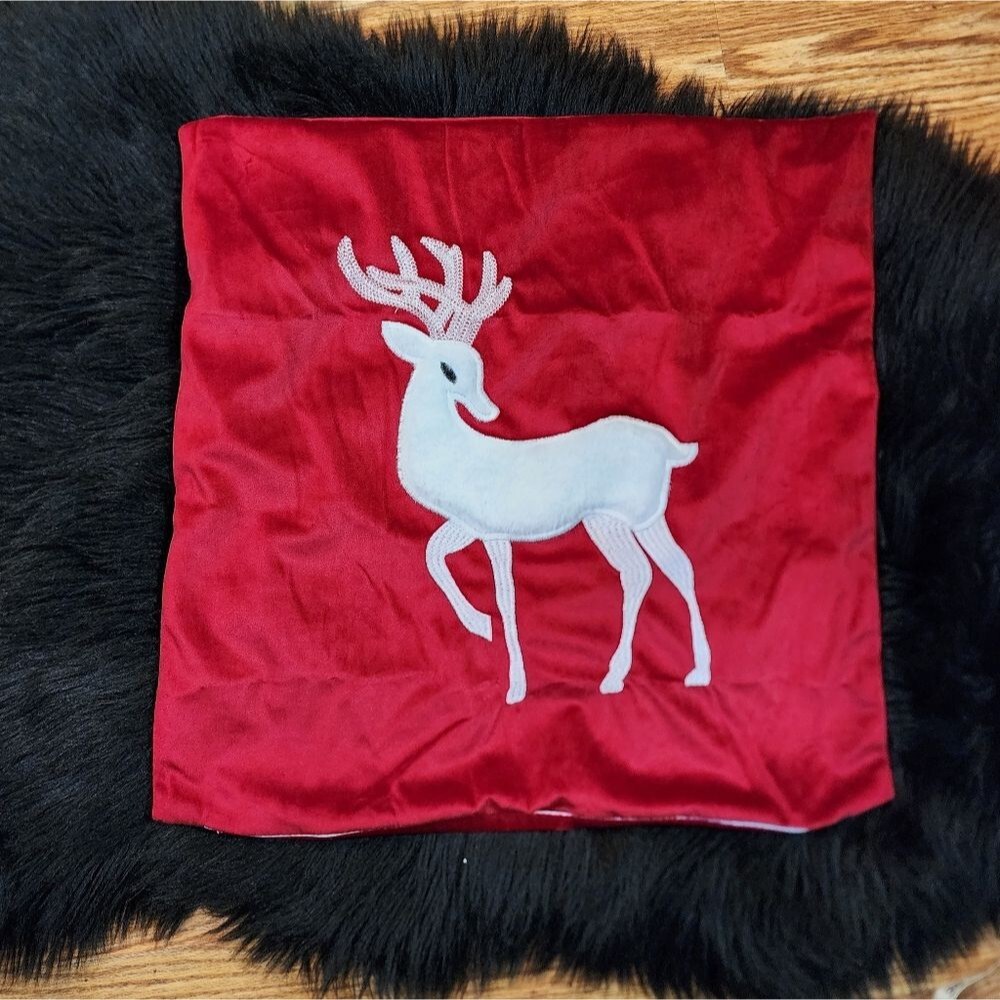Royal Red Christmas Throw Pillow Cover with White Faux Fur Embroidered Reindeer
